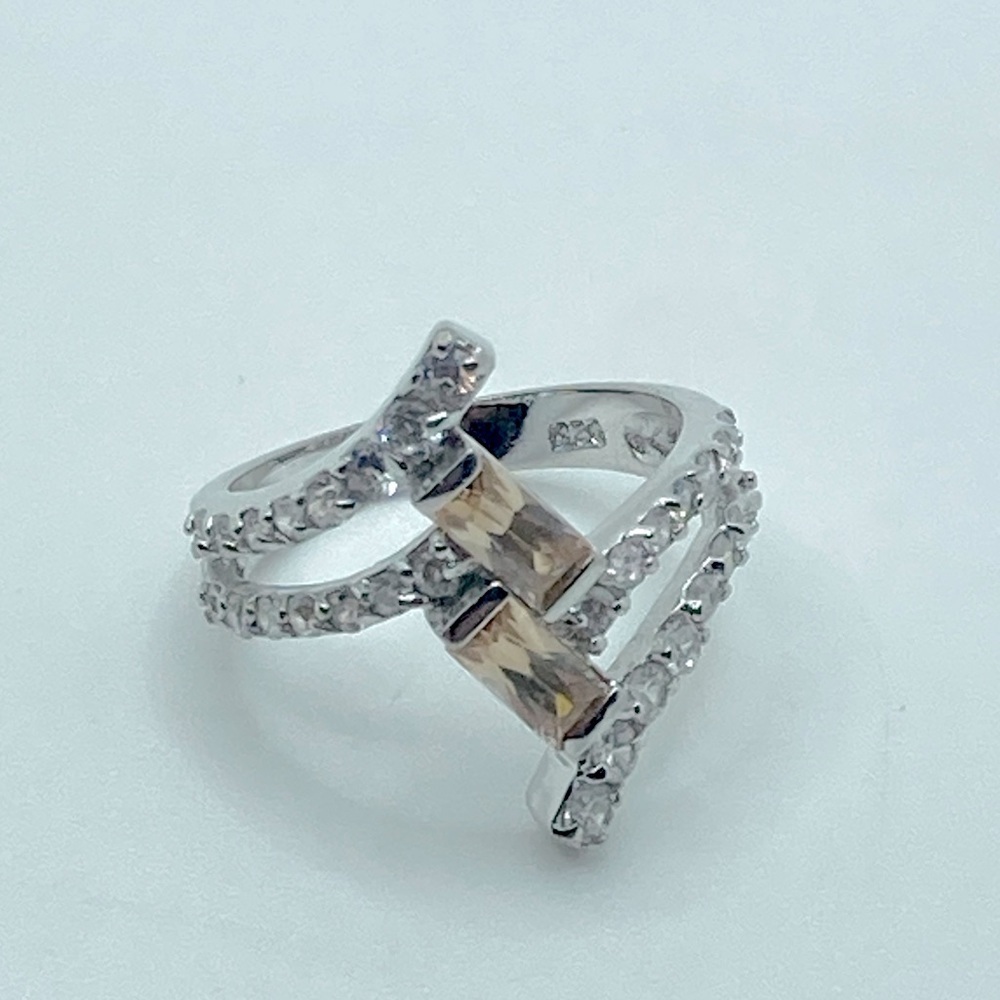 𝅺sterling Silver Peach & Clear Colour Cz Stone Bypass Ring Sz 7.75